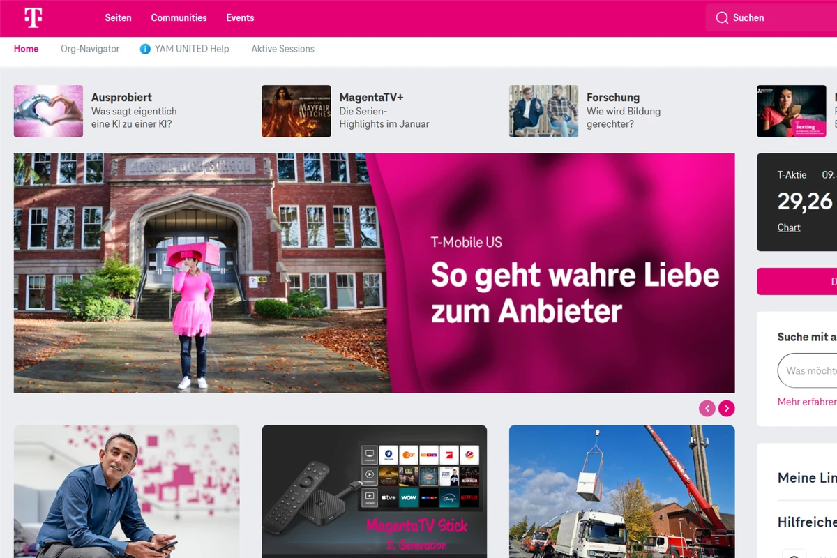 Screenshot of Deutsche Telekom's intranet homepage, with an image of the T-Mobile Club mascot
